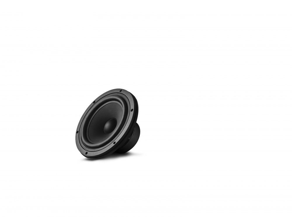 Black woofer 6.5 diameter inches has the shape like a horn  the frame is made of aluminium.  