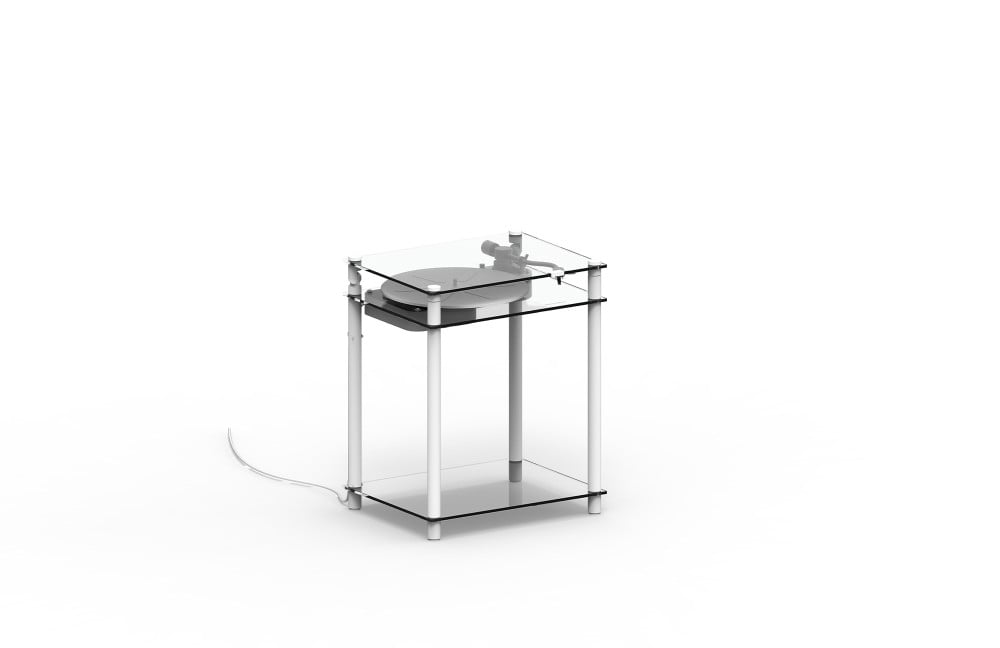 a white turntable stand with a transparent turntable on a white background
